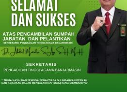 SELAMAT DAN SUKSES ATAS PENGAMBILAN SUMPAH JABATAN DAN PELANTIKAN SEBAGAI SEKRETARIS PTA BANJARMASIN